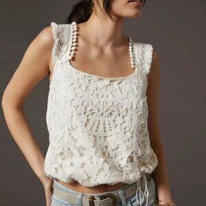 Anthropologie TINY Macie Crochet Lace PomPom Tank Top Ivory NWT